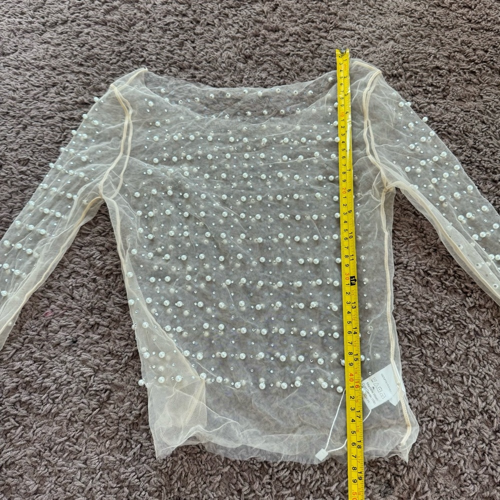 Sheer Pearl Beaded Mesh Top Nude Champagne Long Sleeve Evening Blouse XS NEW - Picture 9 of 10